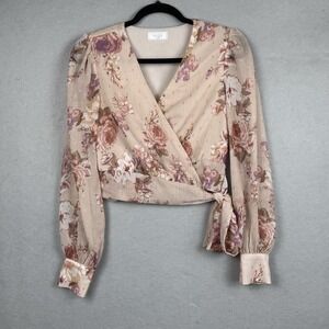 Sage The Label Floral Wrap Smocked Bottom Top Sheer Sleeve Romantic Shabby Chic
